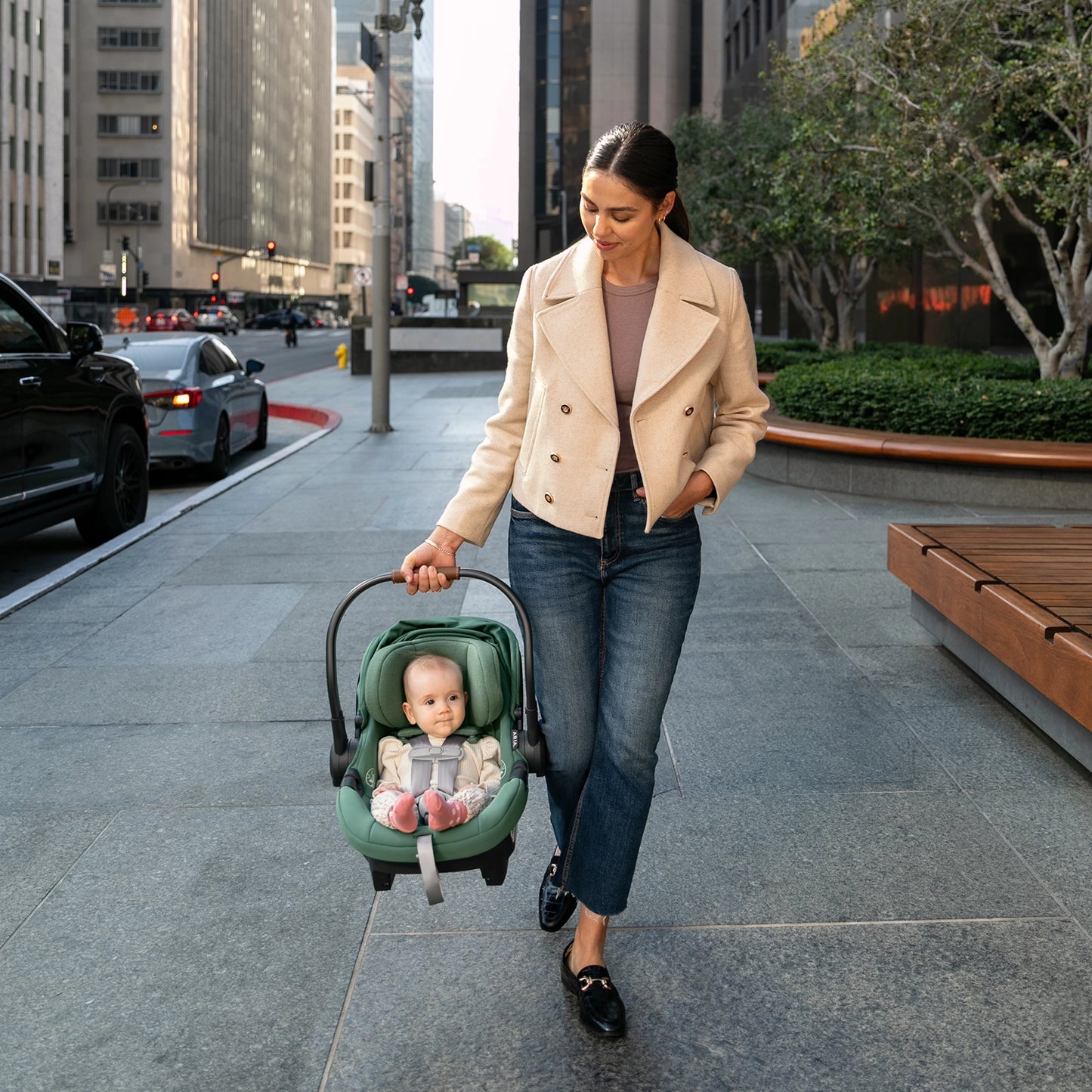 Aria lightweight infant car seat made by uppababy in use