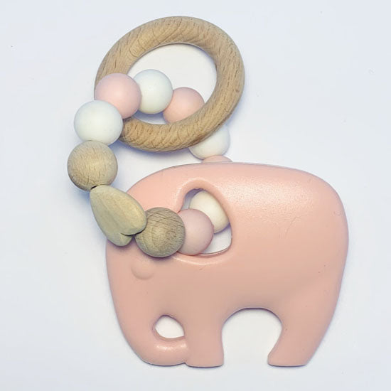 Sugar + Maple Silicone with Beechwood Teether- Elephant Pink