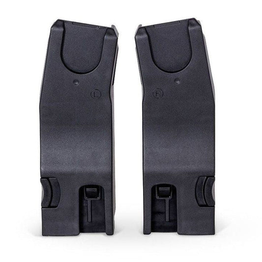 A pair of black plastic stroller car seat adapters marked with "L" and "R" labels.