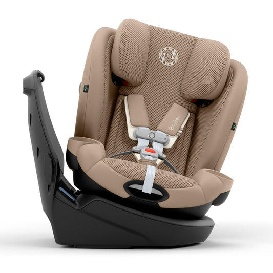 Beige callisto car seat with black base on a white background