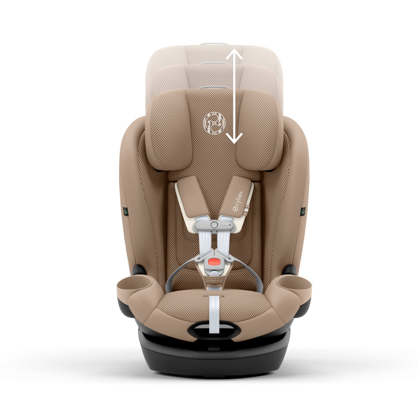 Beige Callisto child car seat with height adjustment feature on a white background