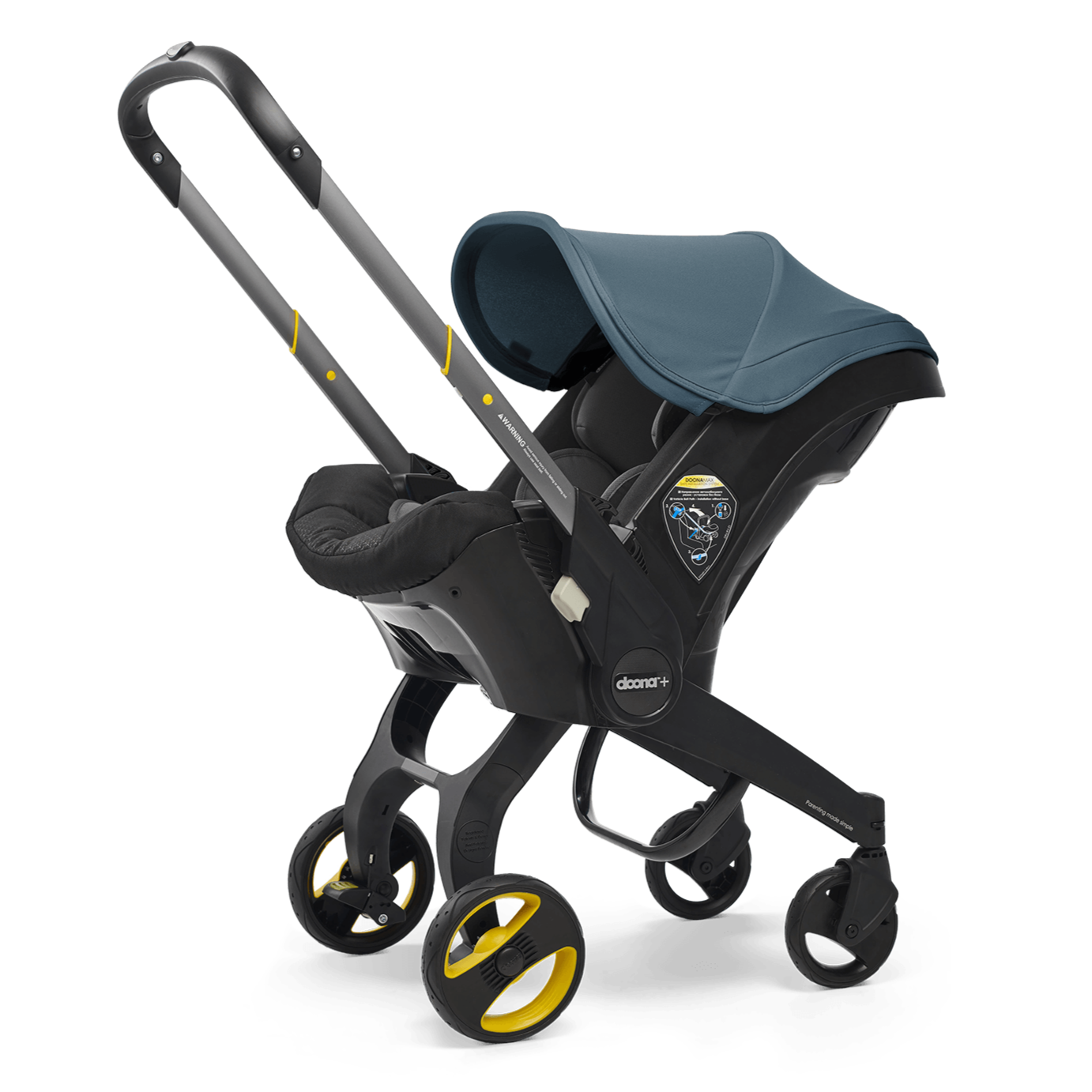 Ocean Blue doona stroller with a blue canopy on a white background
