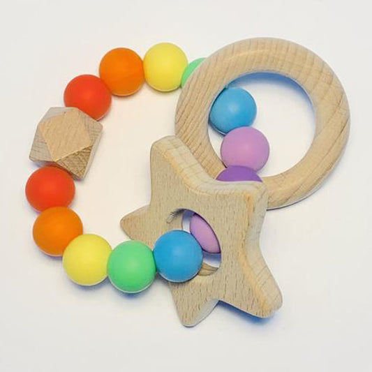 Sugar + Maple Silicone with Beechwood Teether - Rainbow Baby Main