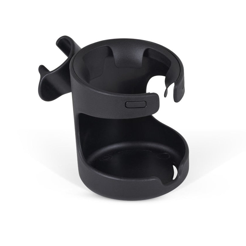 Black plastic cup holder attachment with a side clip.