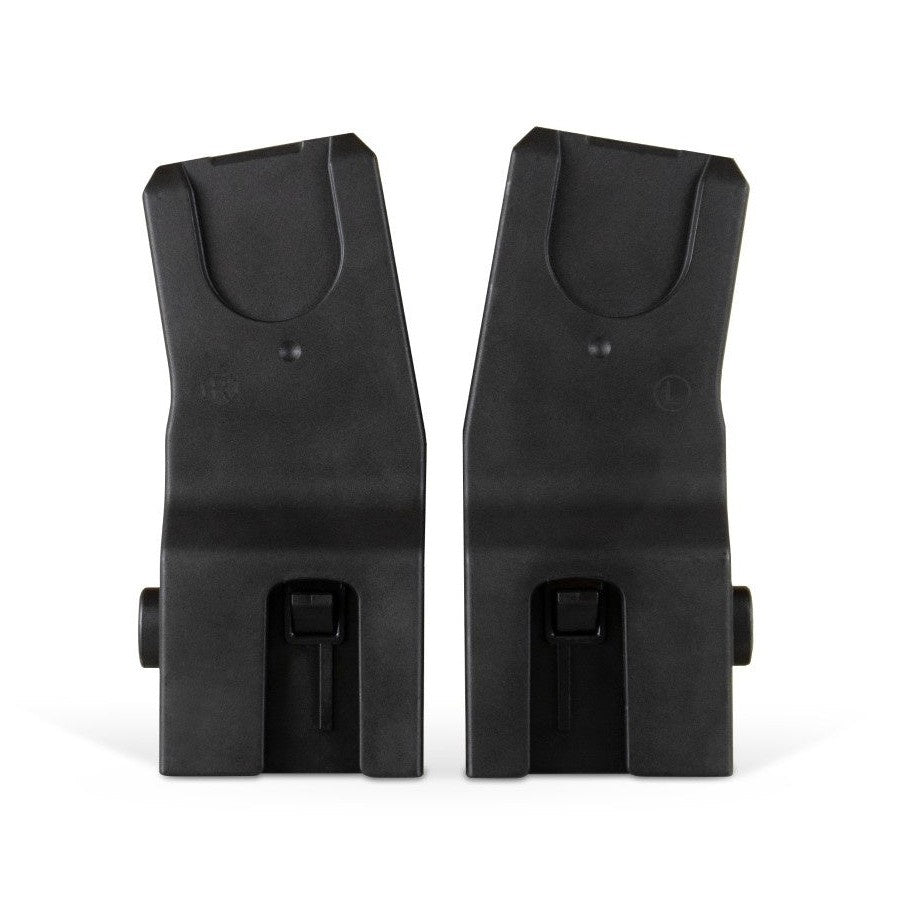 A pair of black plastic car seat adapters for a stroller, labeled right and left.