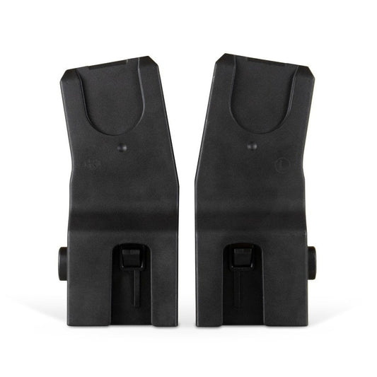 A pair of black plastic car seat adapters for a stroller, labeled right and left.