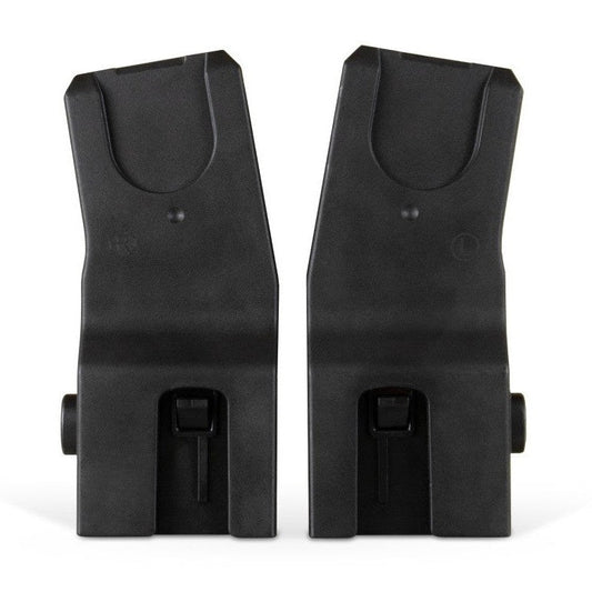 A pair of black plastic car seat adapters for a stroller, labeled right and left.