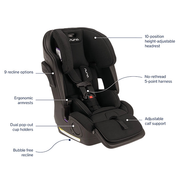 Nuna LUMN Harness Booster Car Seat in Caviar Product Image with Detail Callouts