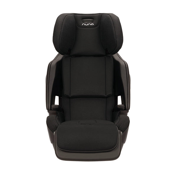 Nuna LUMN Harness Booster Car Seat in Caviar Front View with No Harness and Cup Holders Tucked