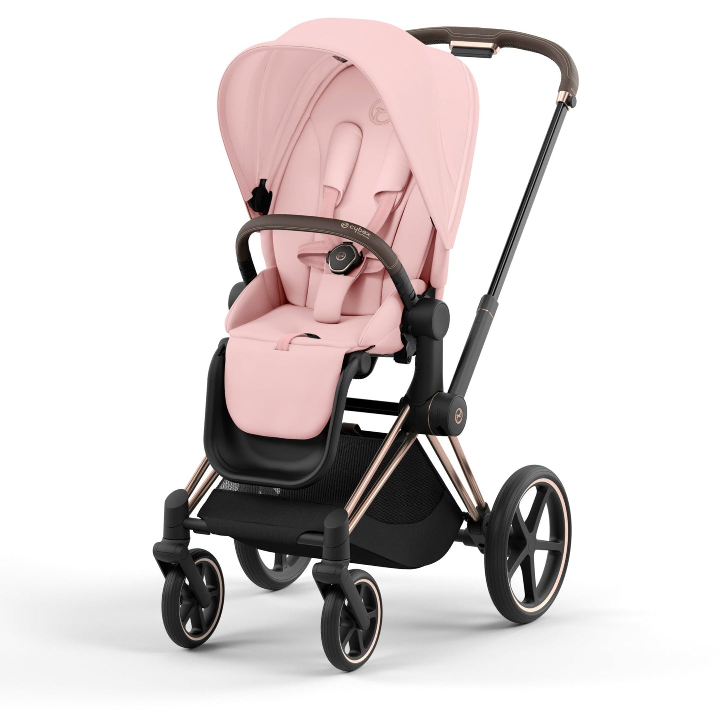 Cybex Pink stroller with rose gold frame on a white background
