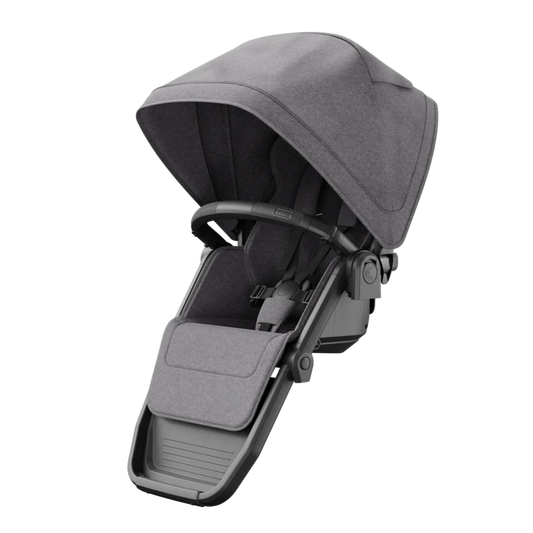 Gray swithback stroller seat with canopy on a white background