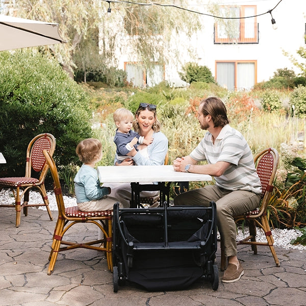 UPPAbaby Minu Duo in Jake Folded at Restaurant