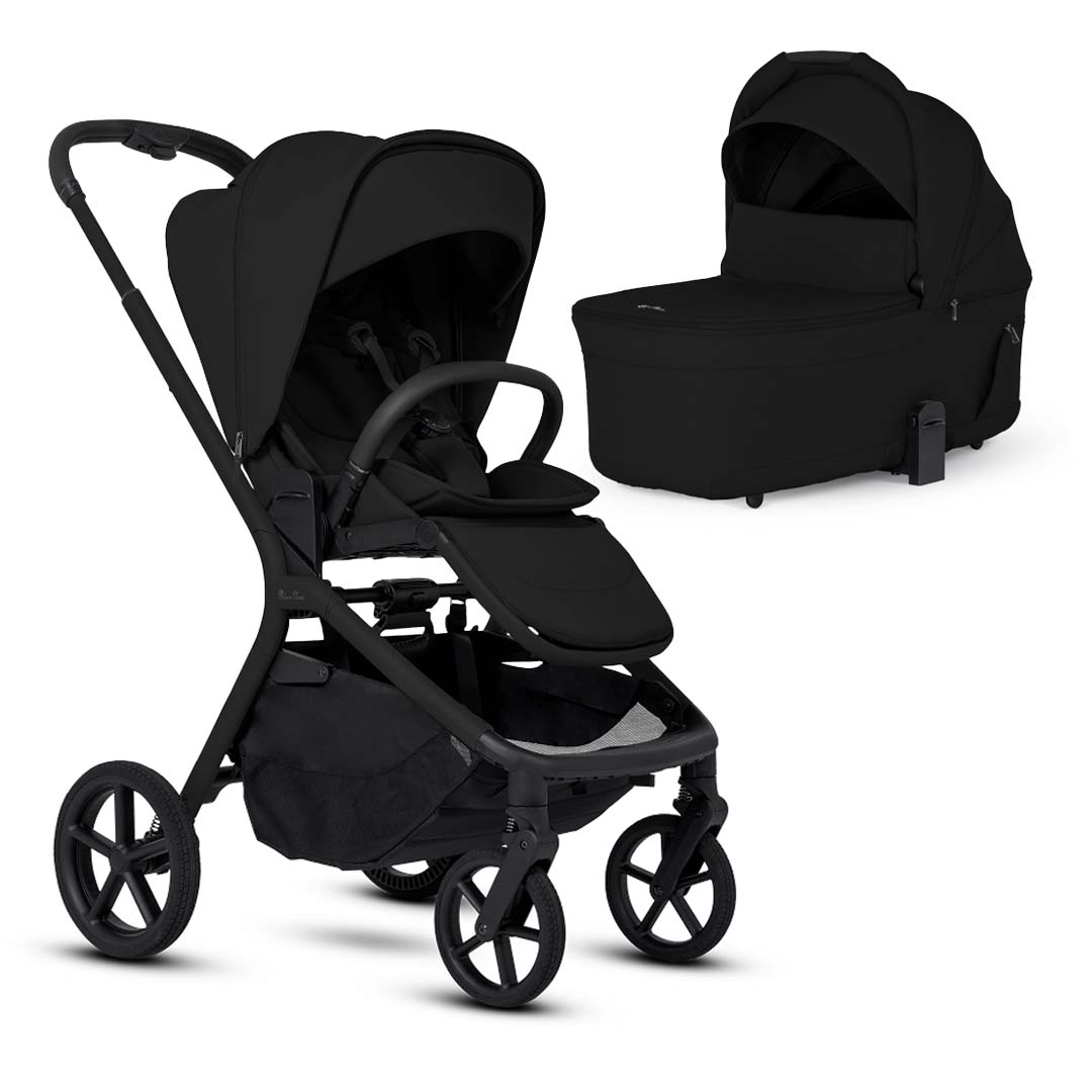An onyx black baby stroller with a black frame alongside a matching onyx black detachable bassinet, both set against a white background.