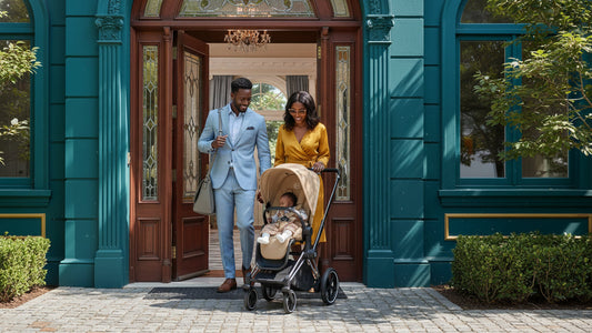 A family walks out of a teal house with a baby in a stroller.