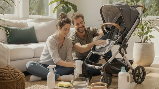 Parents cleaning a stroller