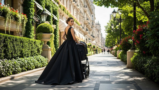 A woman in a black ballgown pushes a stroller down a sunlit, tree-lined European street.