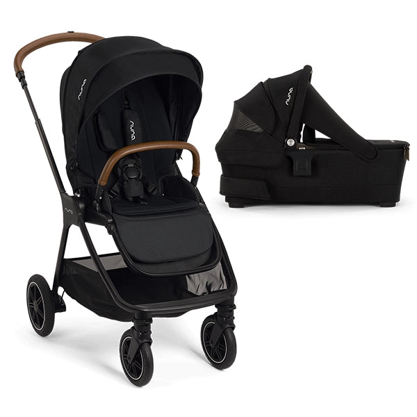 
Black single stroller travel system with matching infant bassinet attachment and brown leatherette handlebars