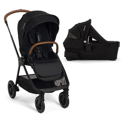 
Black single stroller travel system with matching infant bassinet attachment and brown leatherette handlebars