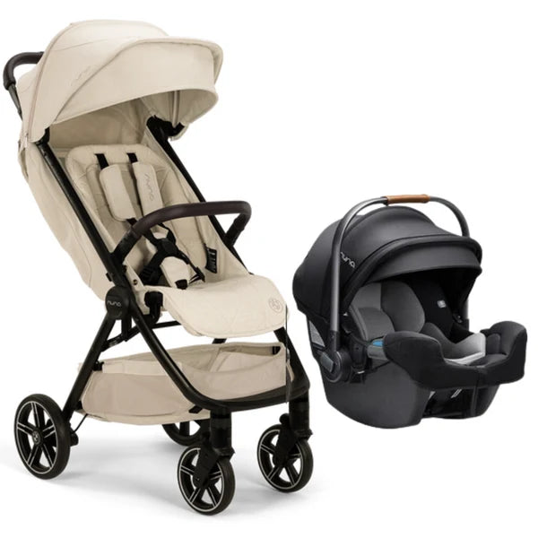 
A beige and black baby stroller shown next to a matching black infant car seat on a clean white background.