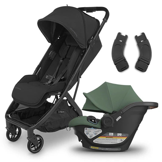 UPPAbaby MINU V3 Travel Stroller in Jake Black with Aria Infant Car Seat in Gwen Product Photo with Free Adapters