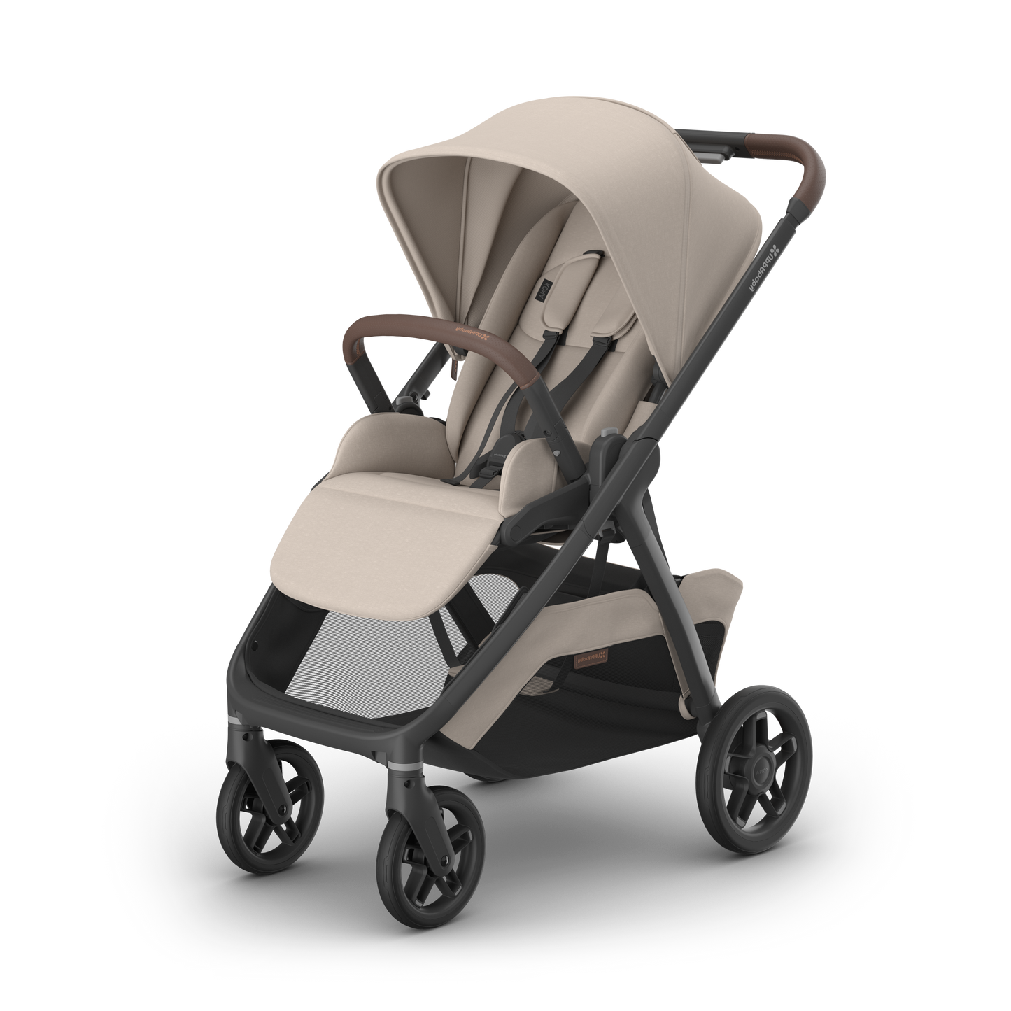 A modern stroller with a light beige fabric canopy and seat, a dark gray frame, and brown leather-look handlebar grips, shown on a clean white background.
