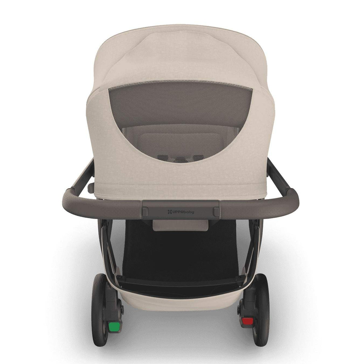
Rear view of a beige baby stroller with a mesh peek-a-boo window in the canopy, set against a white background.
