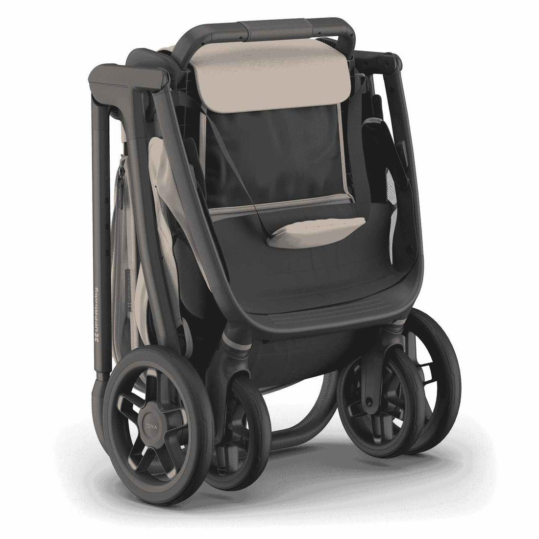 
A compact, folded beige and grey baby stroller standing upright on a white background.