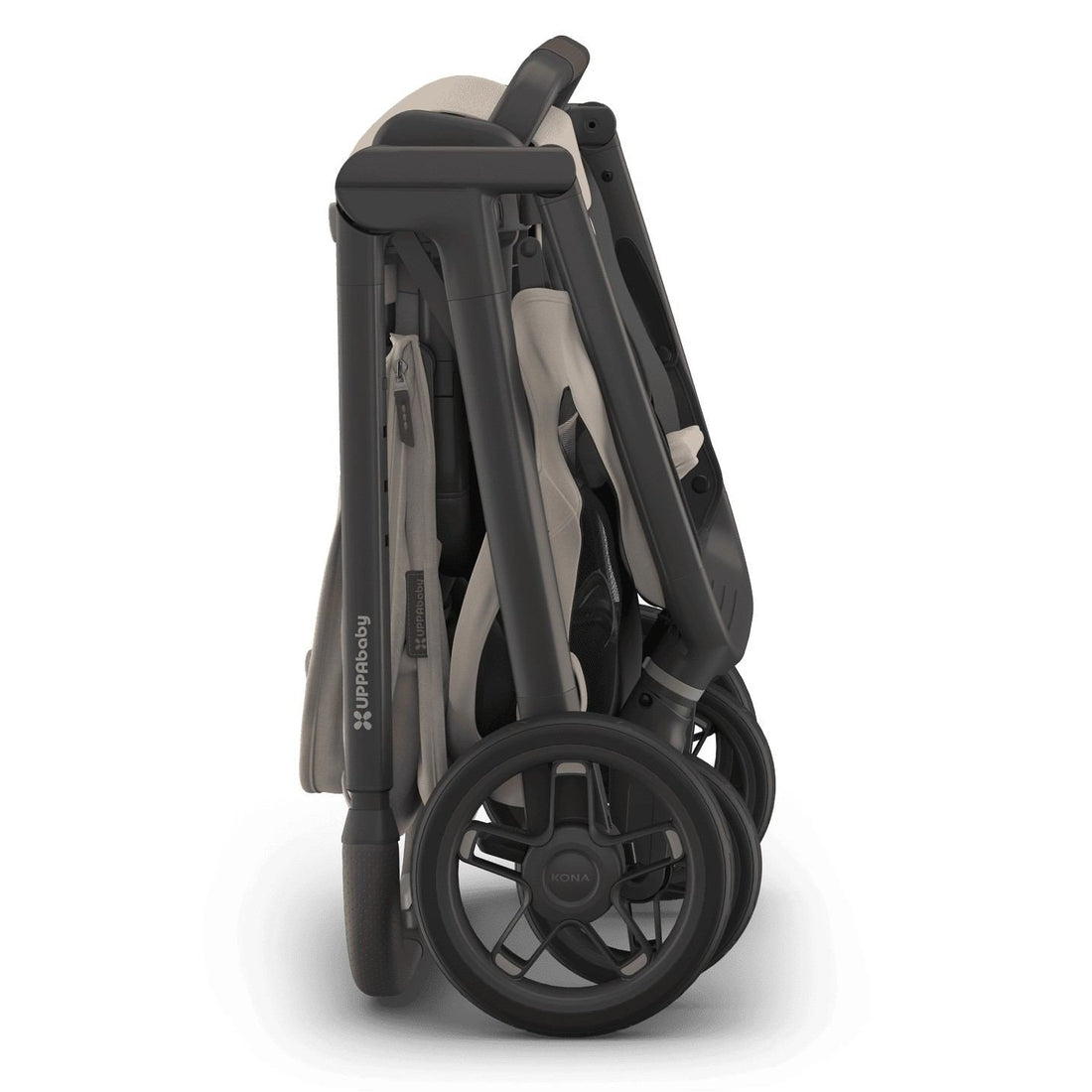 
Side profile of a folded beige and grey UPPAbaby stroller standing upright on a white background.