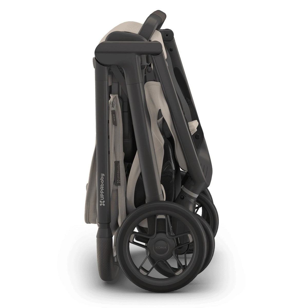 
Side profile of a folded beige and grey UPPAbaby stroller standing upright on a white background.