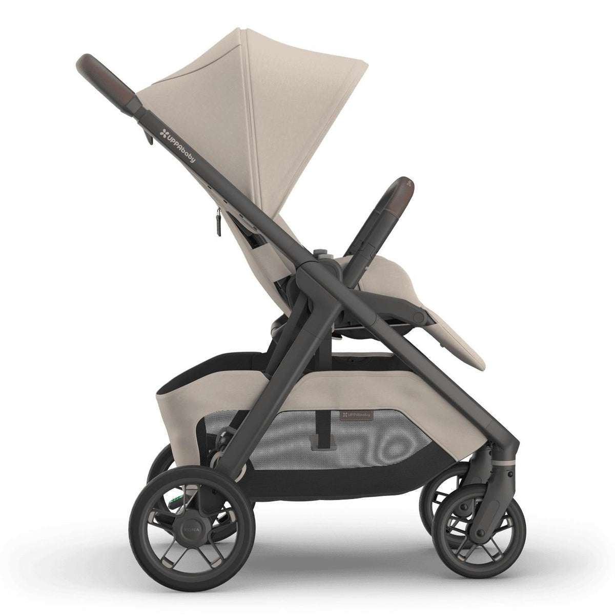 
Side profile of a beige forward-facing baby stroller with a grey frame and sun canopy, isolated on a white background.