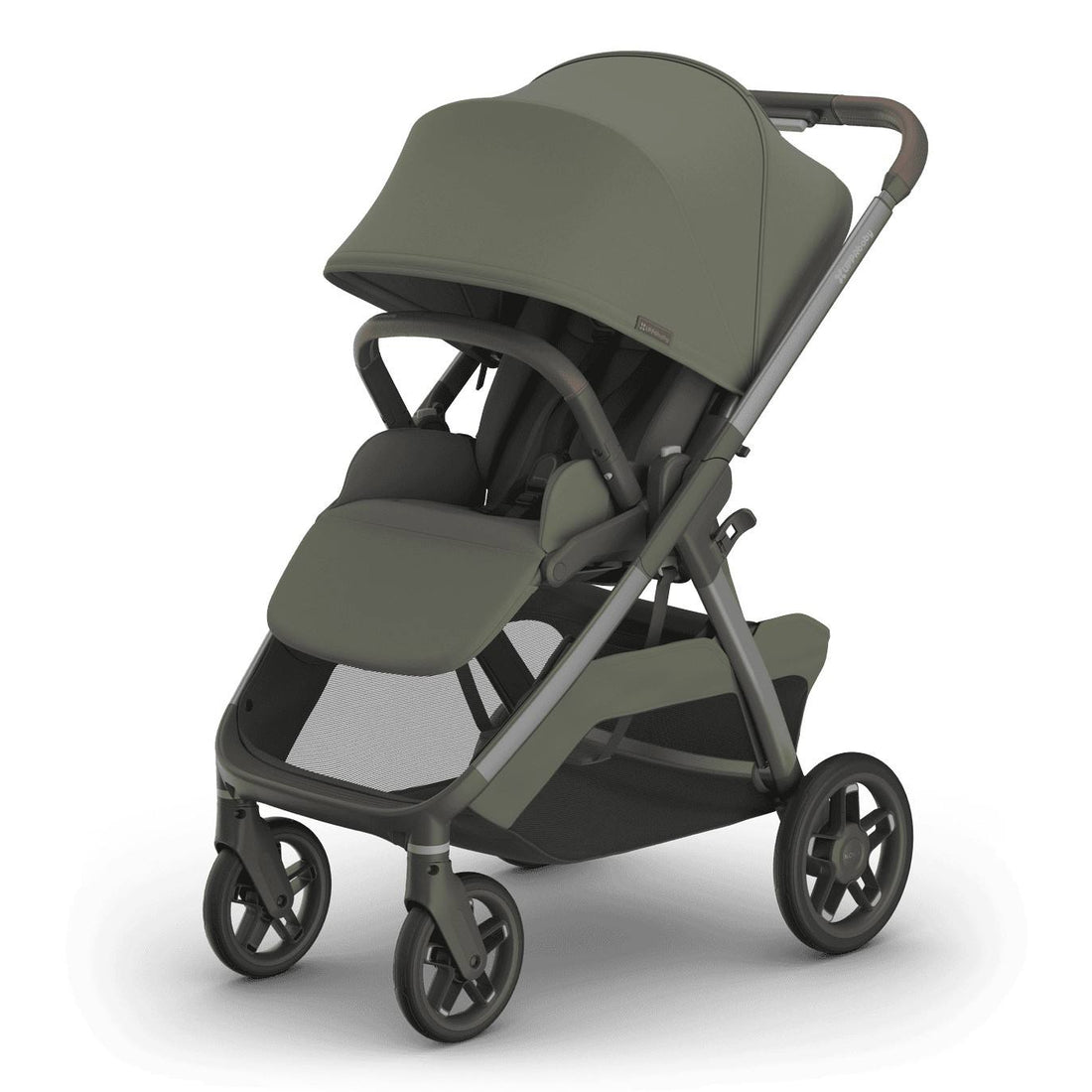 
An olive green baby stroller with a grey frame, sun canopy, and lower storage basket, isolated on a white background.