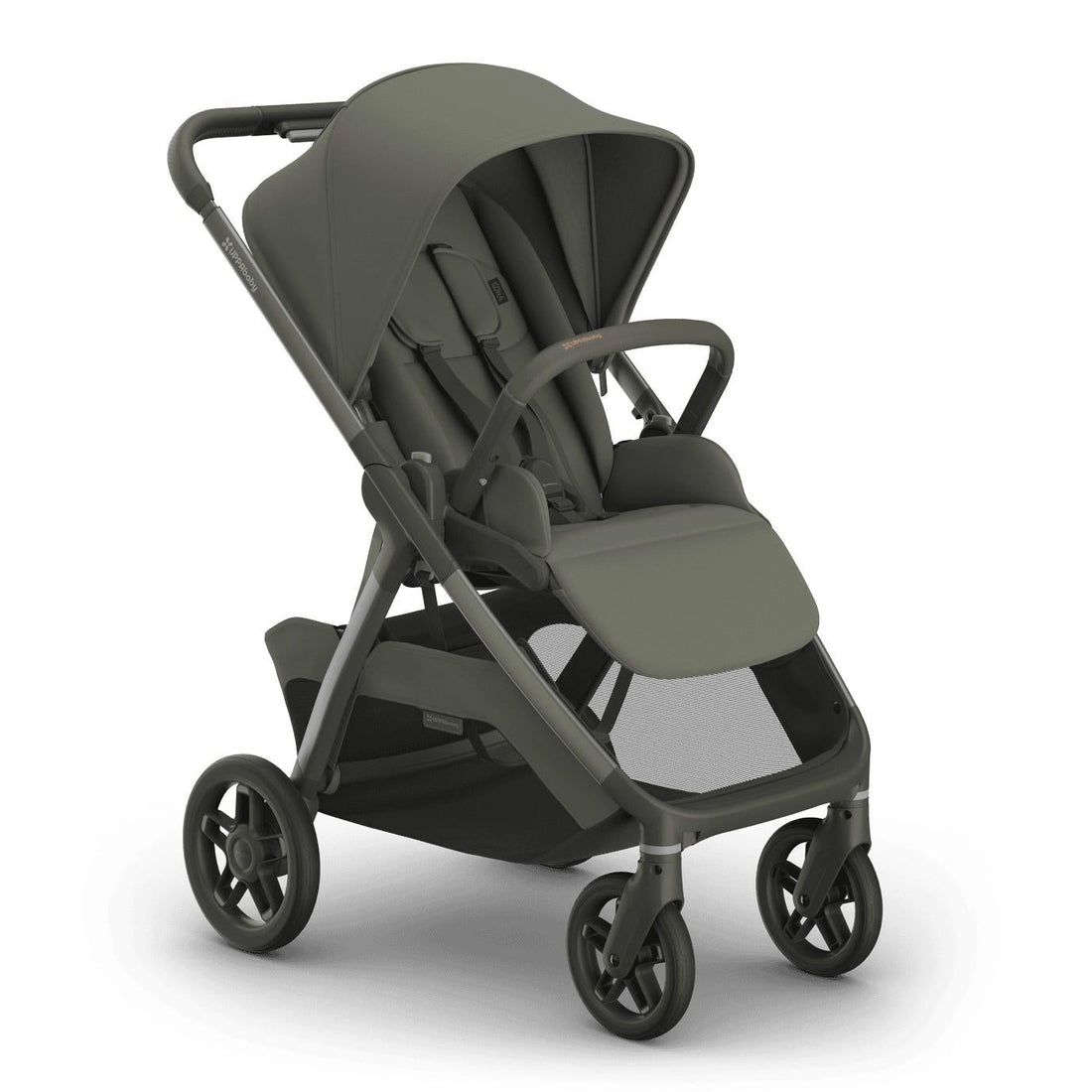 
An olive green four-wheel baby stroller with an open canopy and storage basket, shown from a three-quarter angle on a white background.