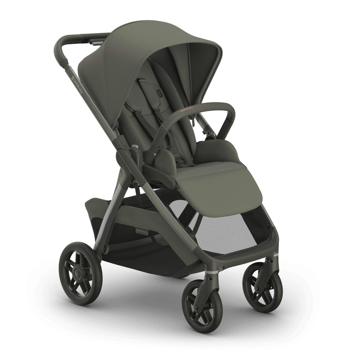 
An olive green four-wheel baby stroller with an open canopy and storage basket, shown from a three-quarter angle on a white background.
