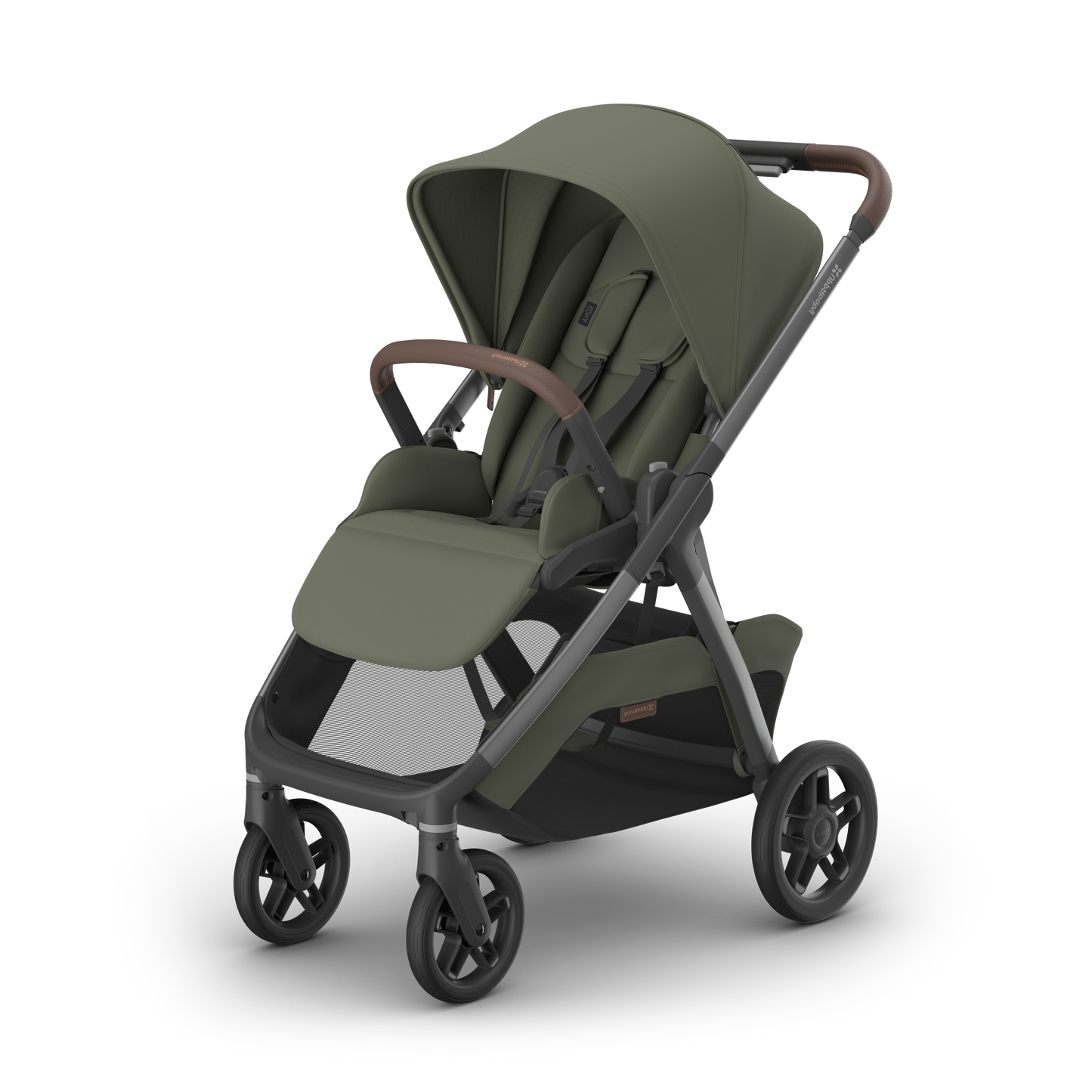 An olive green stroller with a dark gray frame and brown handle grips, shown from a three-quarters angle on a white background.