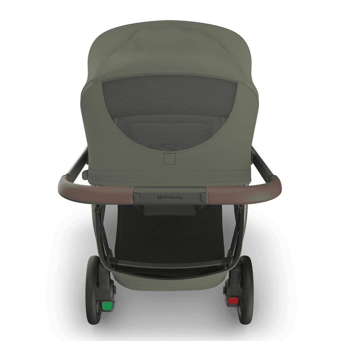 
Rear view of an olive green baby stroller with a mesh peek-a-boo window in the canopy, set against a white background.