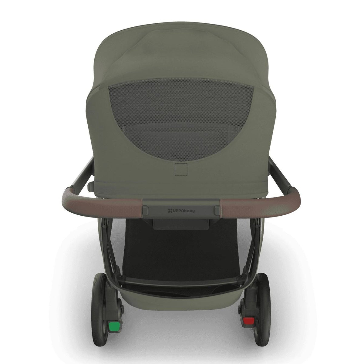 
Rear view of an olive green baby stroller with a mesh peek-a-boo window in the canopy, set against a white background.