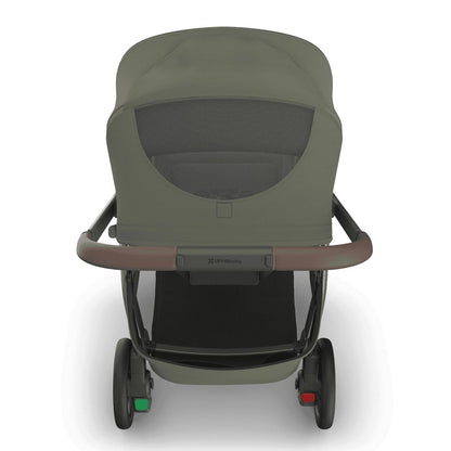 
Rear view of an olive green baby stroller with a mesh peek-a-boo window in the canopy, set against a white background.