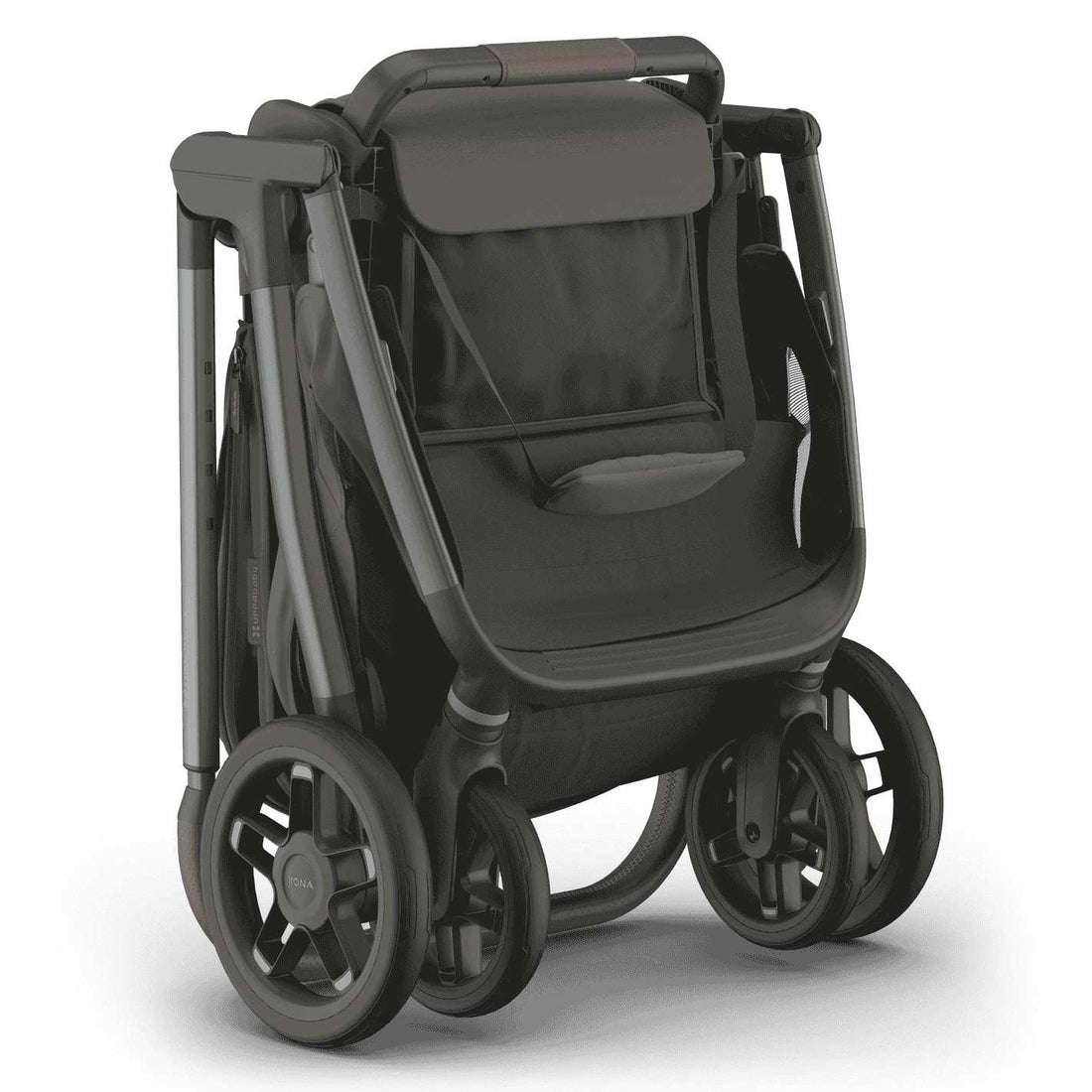 
A compact, folded olive green baby stroller standing upright on a white background.