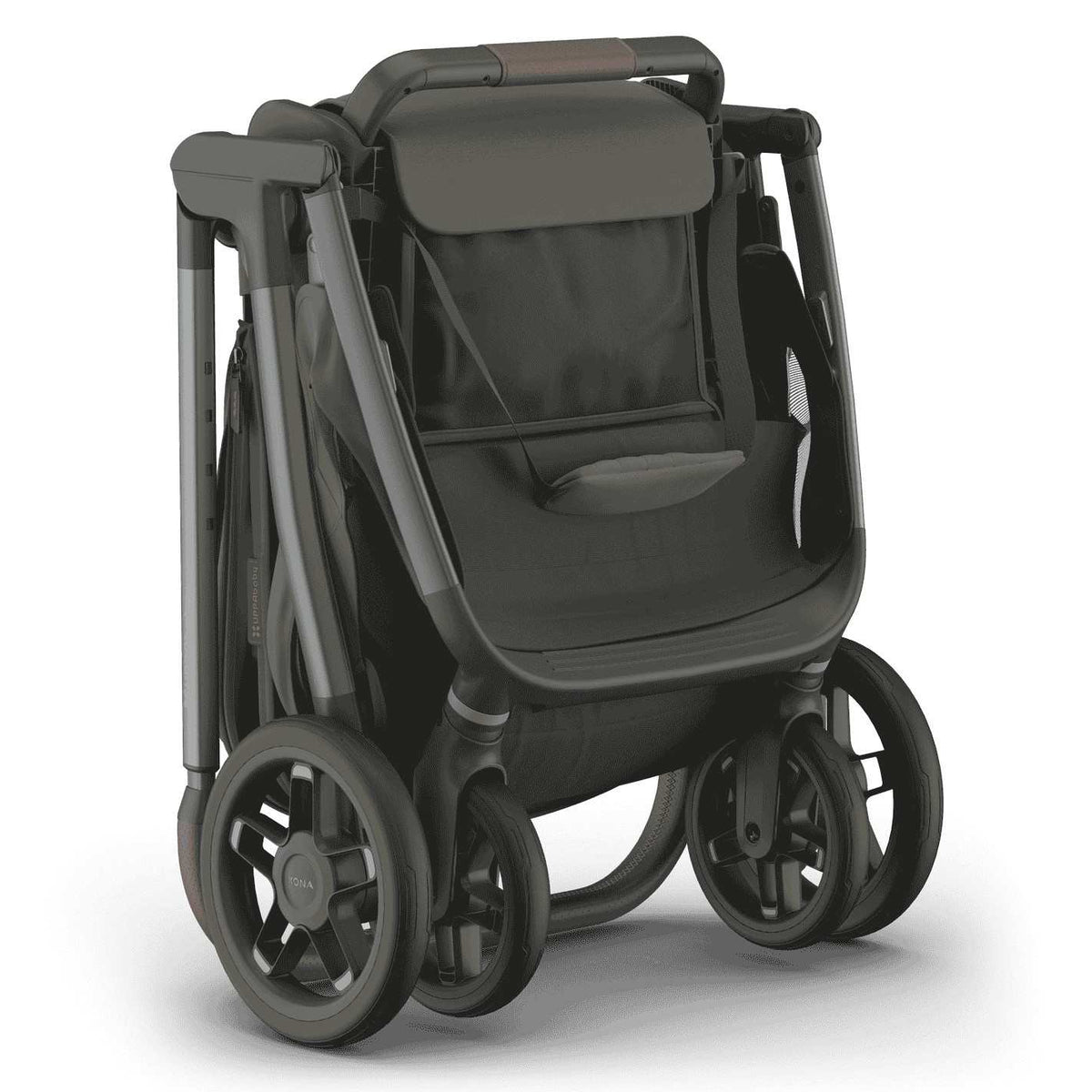 
A compact, folded olive green baby stroller standing upright on a white background.