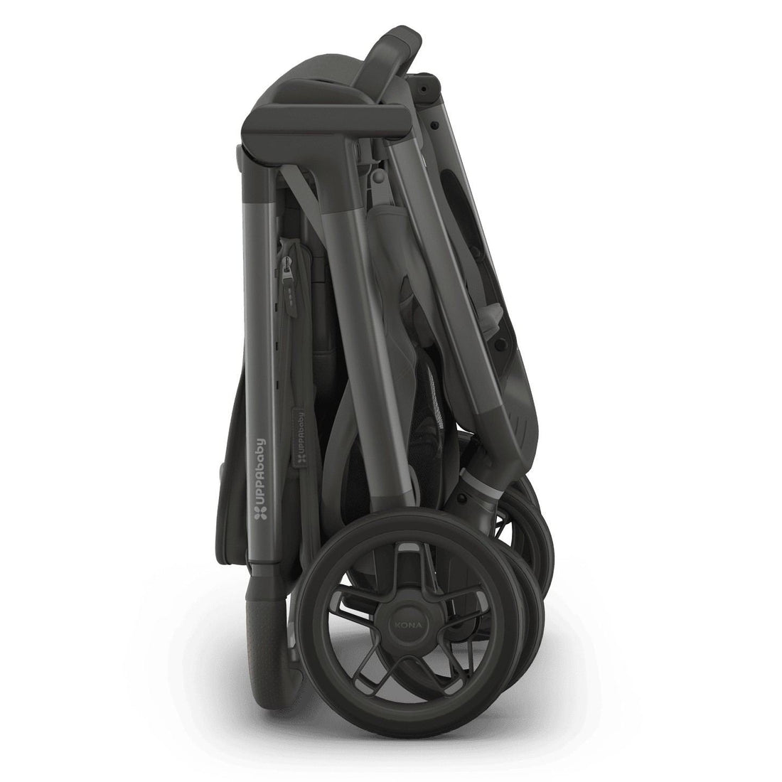 
Side profile of a folded olive green UPPAbaby stroller standing upright on a white background.