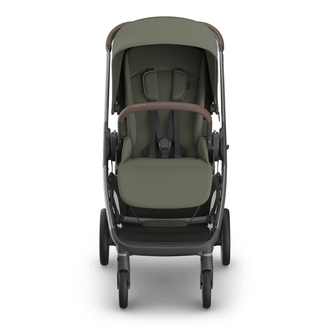 
Front view of an olive green baby stroller with a grey frame, sun canopy, and safety harness, isolated on a white background.