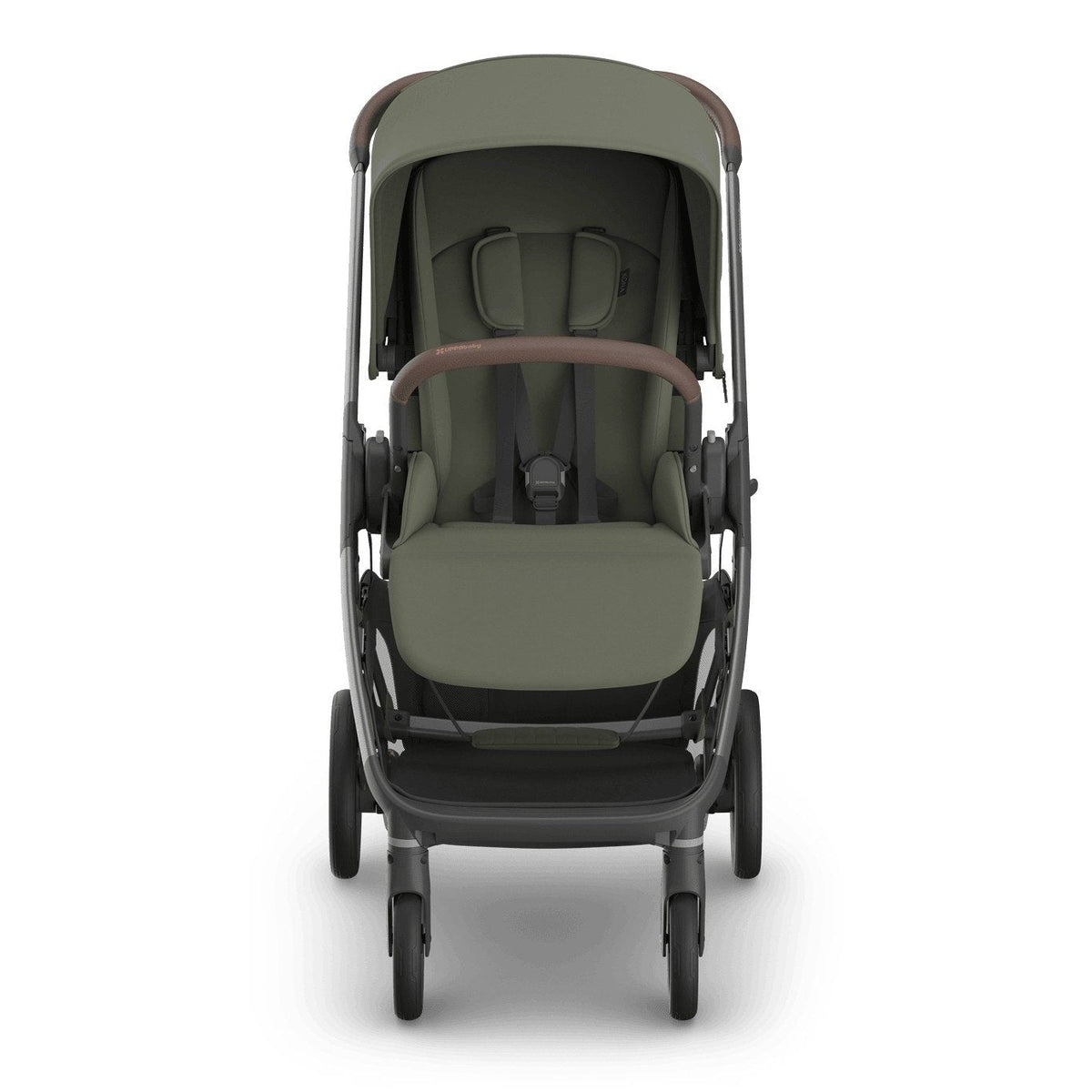 
Front view of an olive green baby stroller with a grey frame, sun canopy, and safety harness, isolated on a white background.