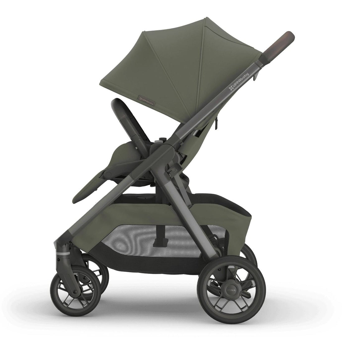 
Side profile of an olive green baby stroller with an extended sun canopy and grey frame, isolated on a white background.