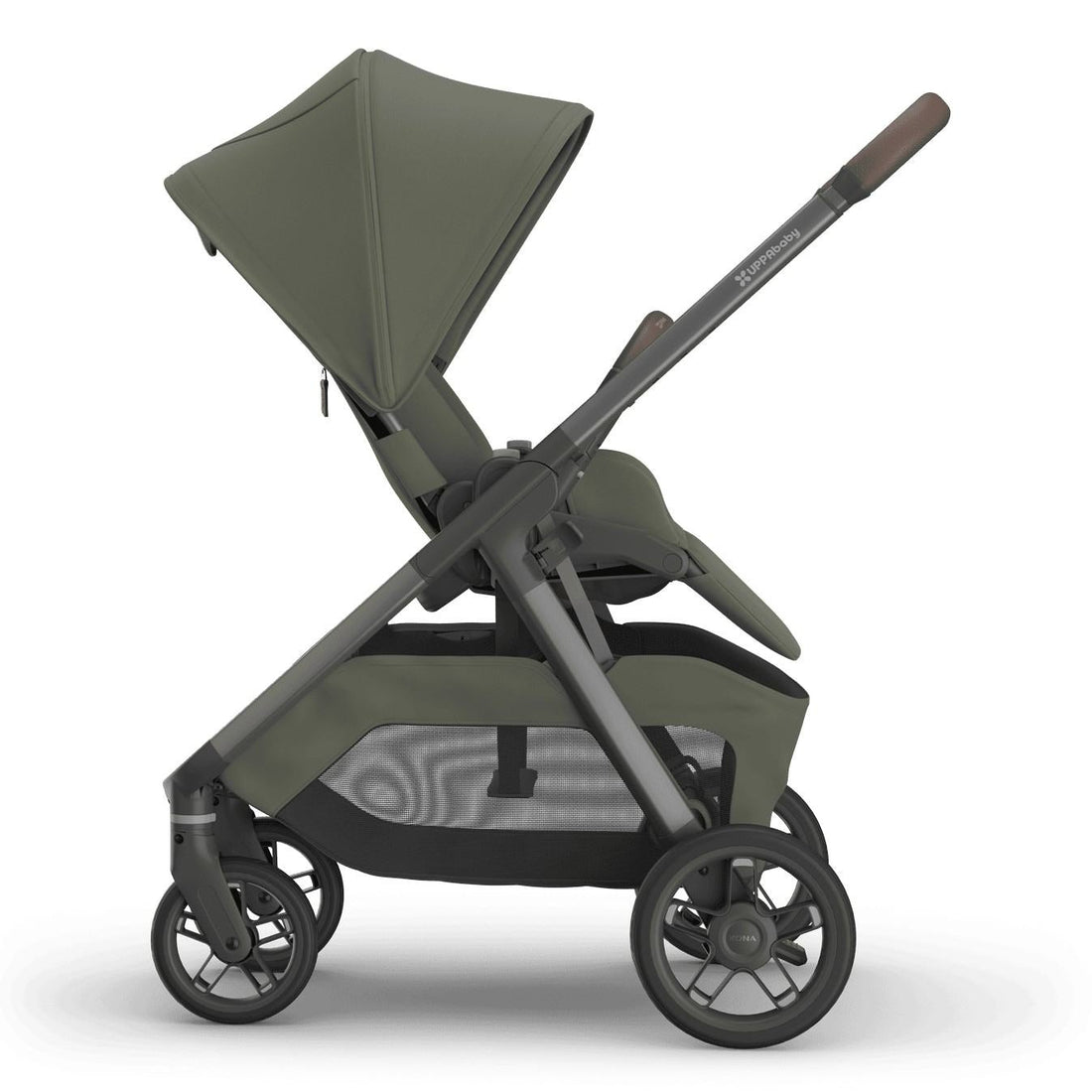 
An olive green baby stroller with a leather handle and storage basket on a white background.