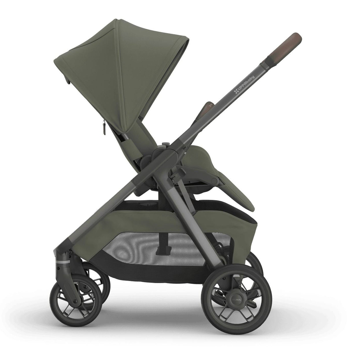 
Side profile of an olive green parent-facing baby stroller with a grey frame, isolated on a white background.