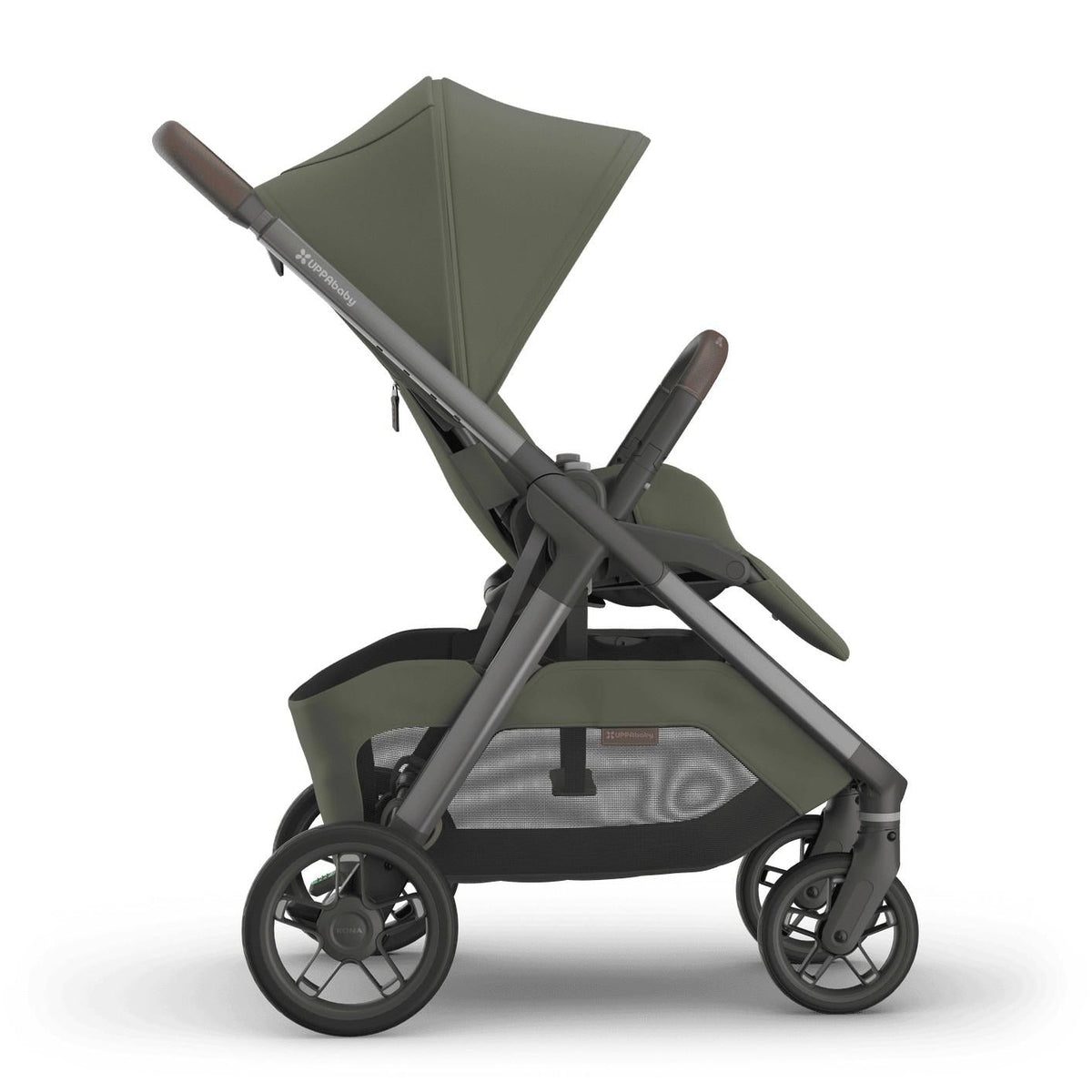 
Side profile of an olive green forward-facing baby stroller with an extended sun canopy and grey frame, isolated on a white background.
