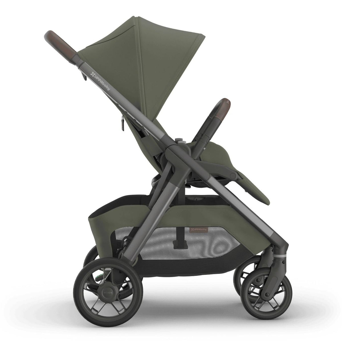 
Side profile of an olive green forward-facing baby stroller with a grey frame, isolated on a white background.