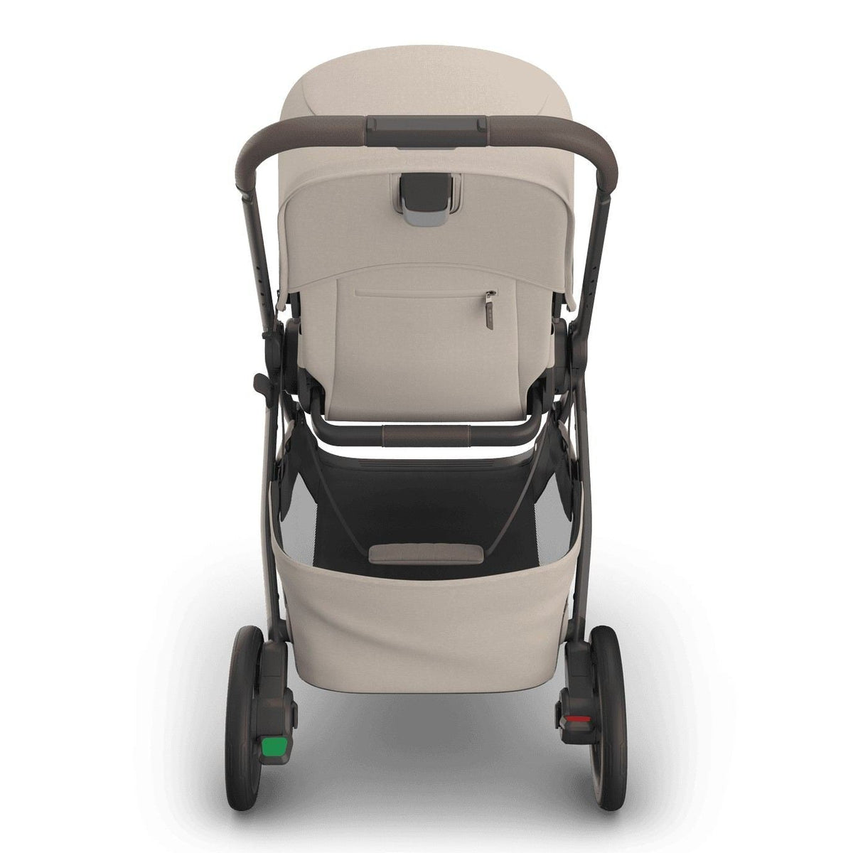 
Rear view of a beige baby stroller with a grey frame, handle, and storage basket, isolated on a white background.