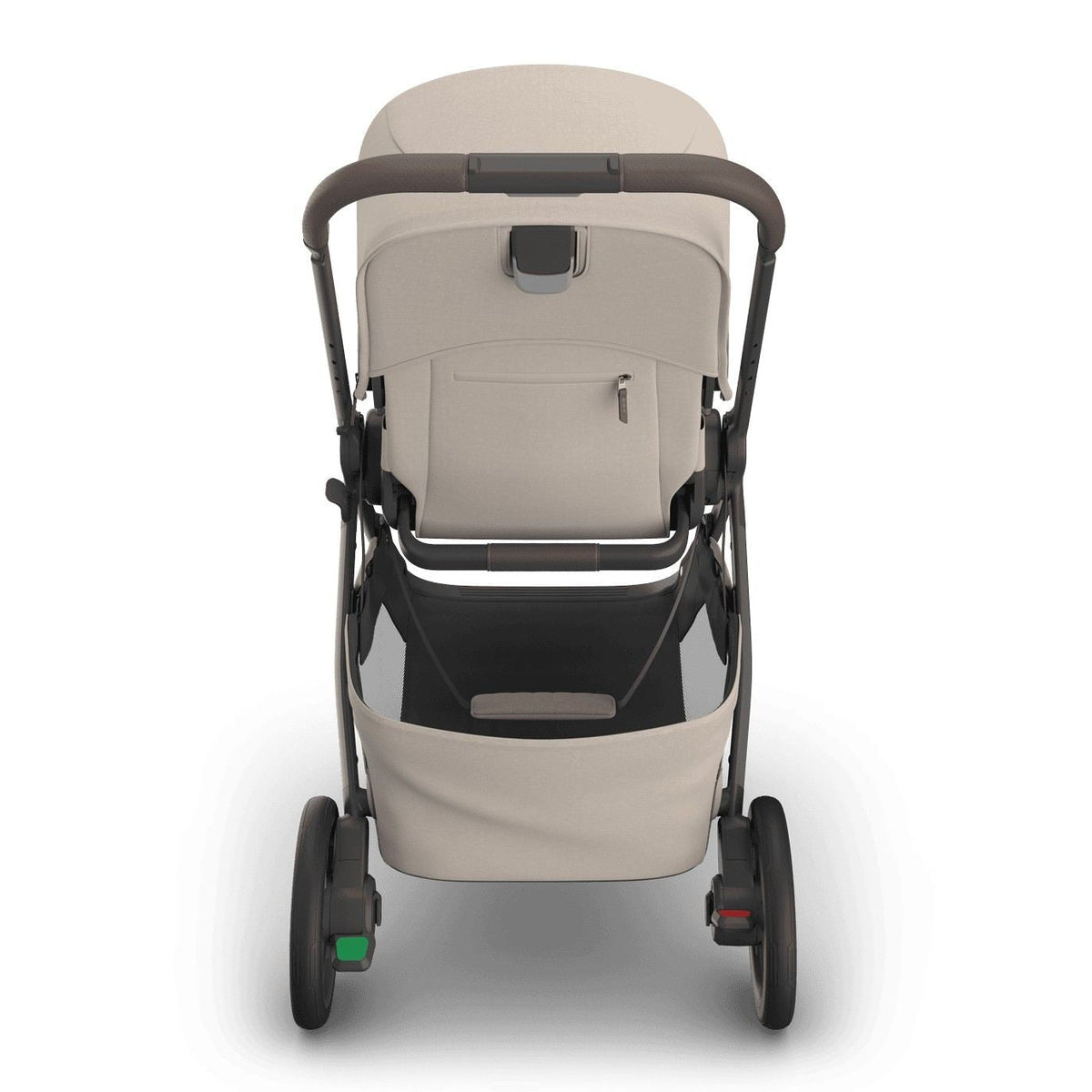 
Rear view of a beige baby stroller with a grey frame, handle, and storage basket, isolated on a white background.