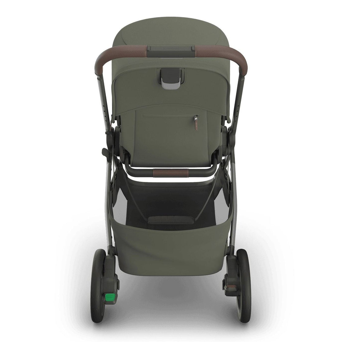 
Rear view of an olive green baby stroller with a grey frame, handle, and storage basket, isolated on a white background.